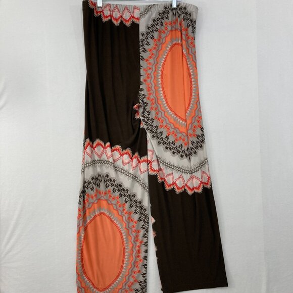 Chico's size XL/3 Brown Orange Boho Abstract Stretch Knit Wide Leg Pull-on Pants - Picture 7 of 8